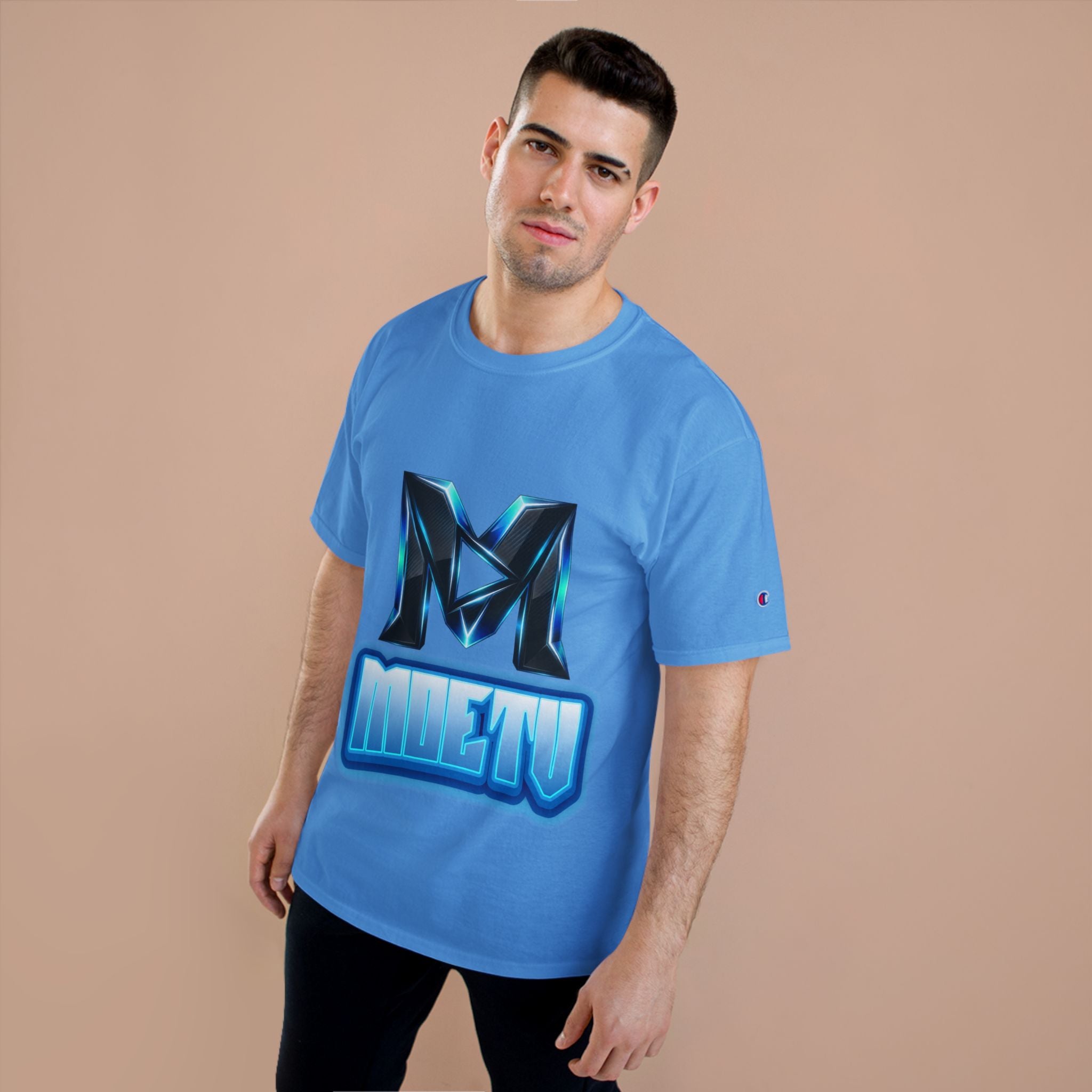 Champion T-Shirt — Blue Metallic 'M' Logo Streetwear Tee
