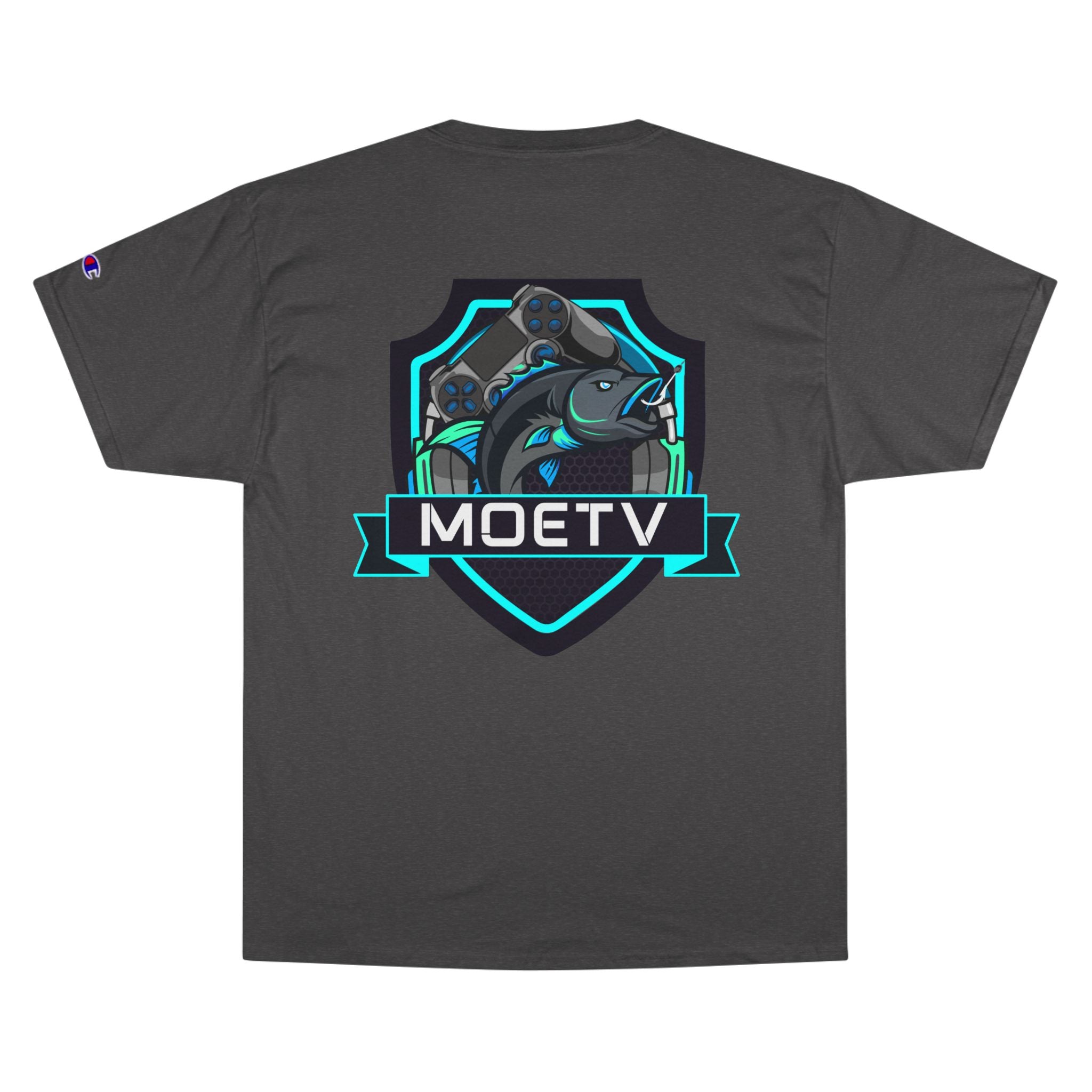 MOETV Champion T-Shirt — Gaming Logo Tee with Dolphin Crest