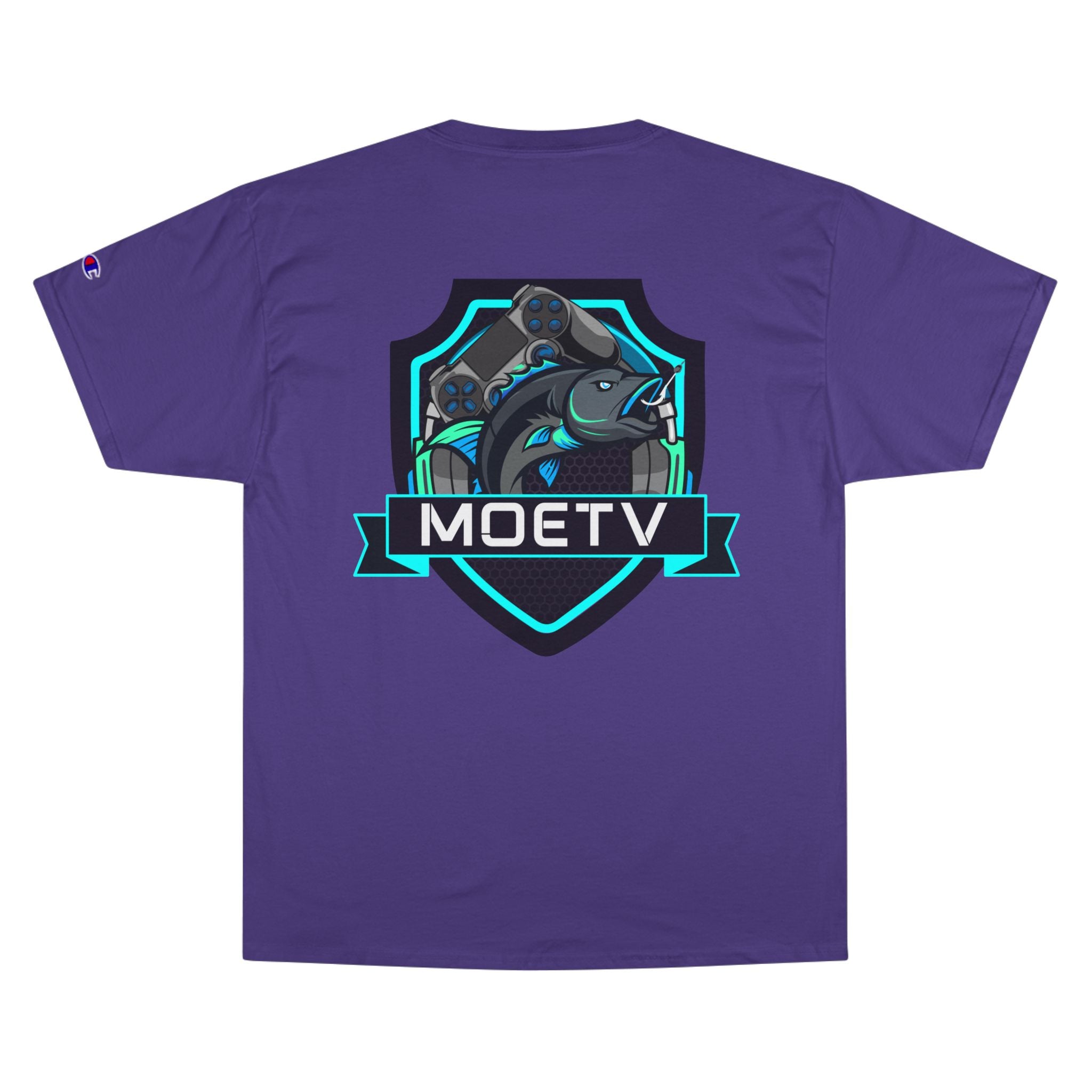 MOETV Champion T-Shirt — Gaming Logo Tee with Dolphin Crest