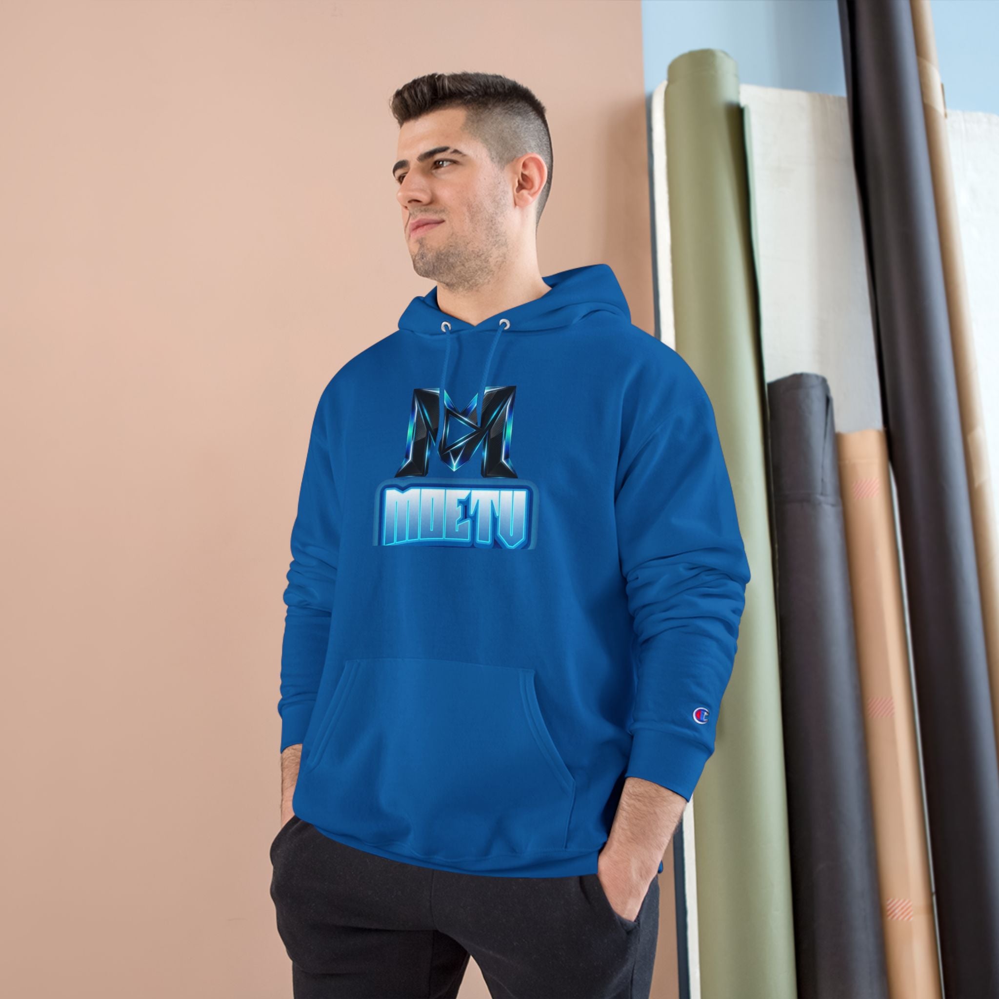 Champion Hoodie with Blue Metallic "M" Logo — Casual Streetwear Pullover