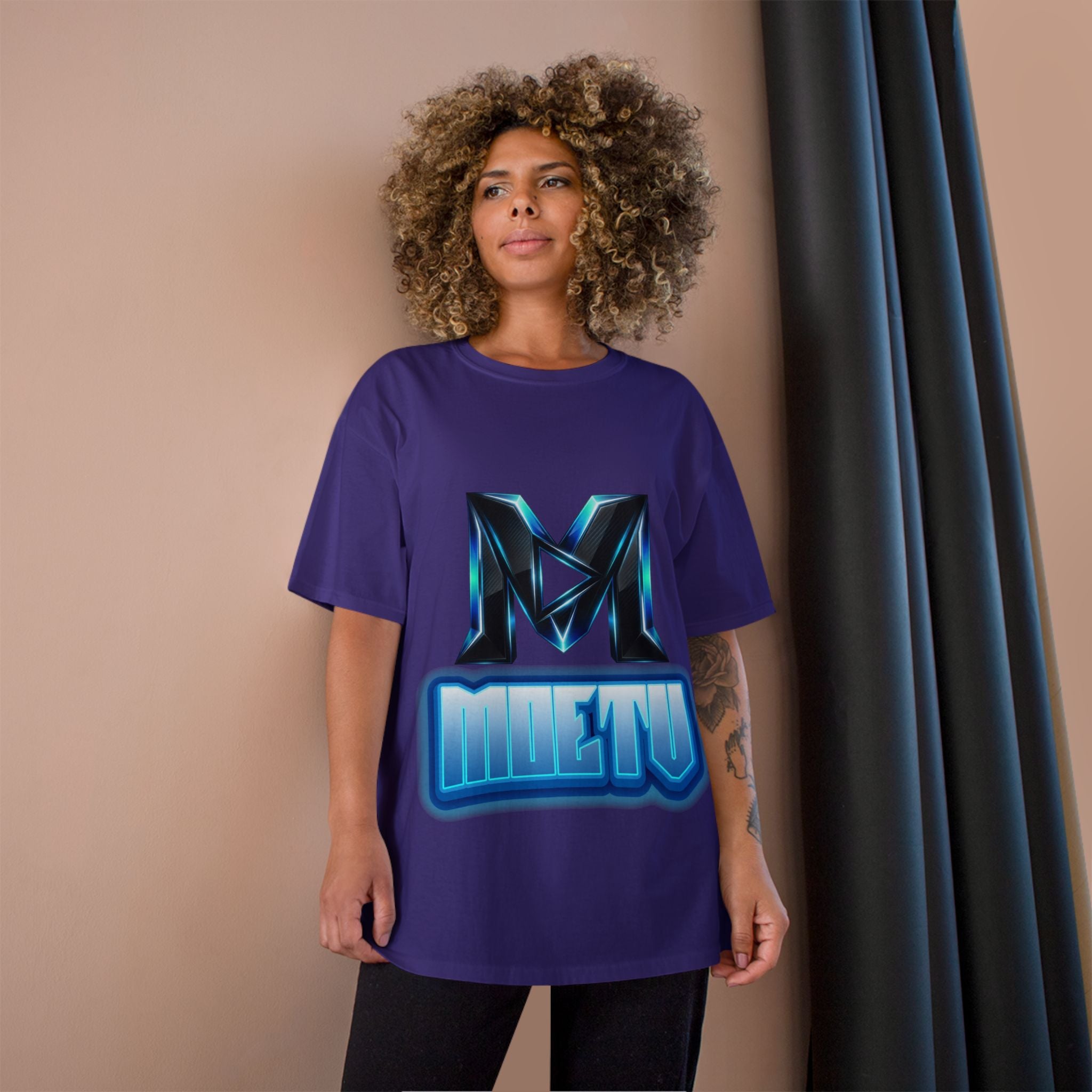 Champion T-Shirt — Blue Metallic 'M' Logo Streetwear Tee