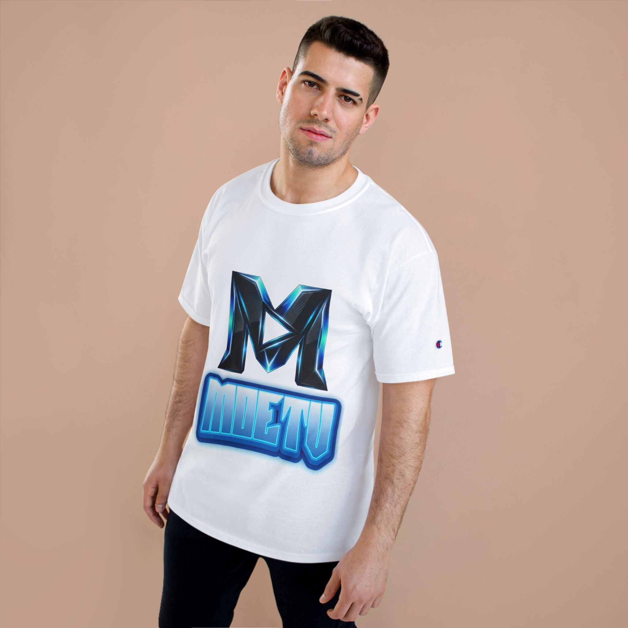 Champion T-Shirt — Blue Metallic 'M' Logo Streetwear Tee