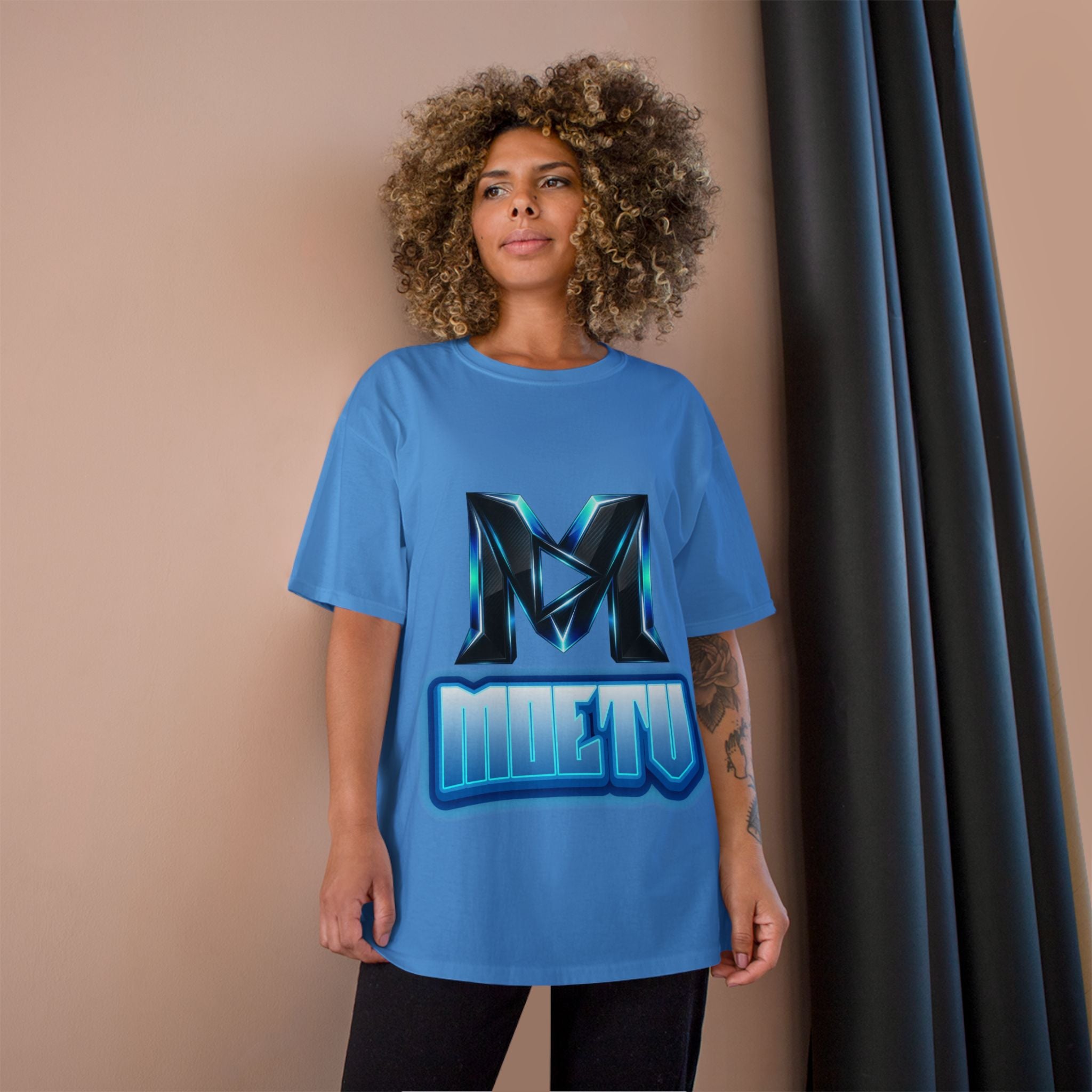 Champion T-Shirt — Blue Metallic 'M' Logo Streetwear Tee