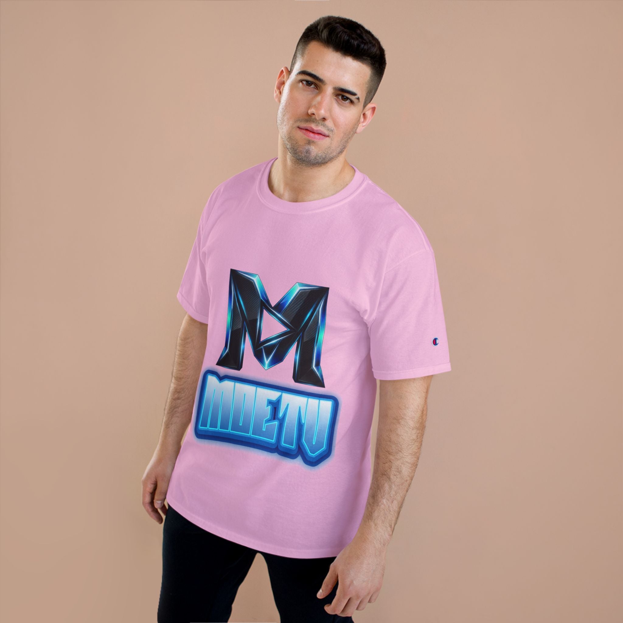 Champion T-Shirt — Blue Metallic 'M' Logo Streetwear Tee