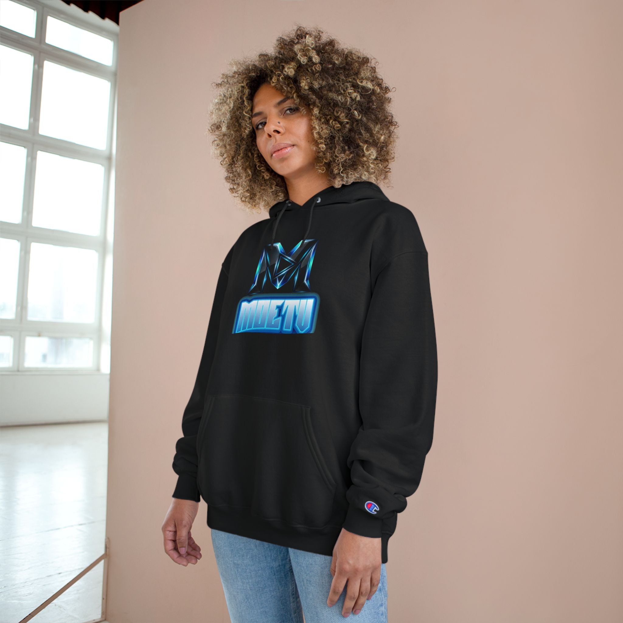 Champion Hoodie with Blue Metallic "M" Logo — Casual Streetwear Pullover