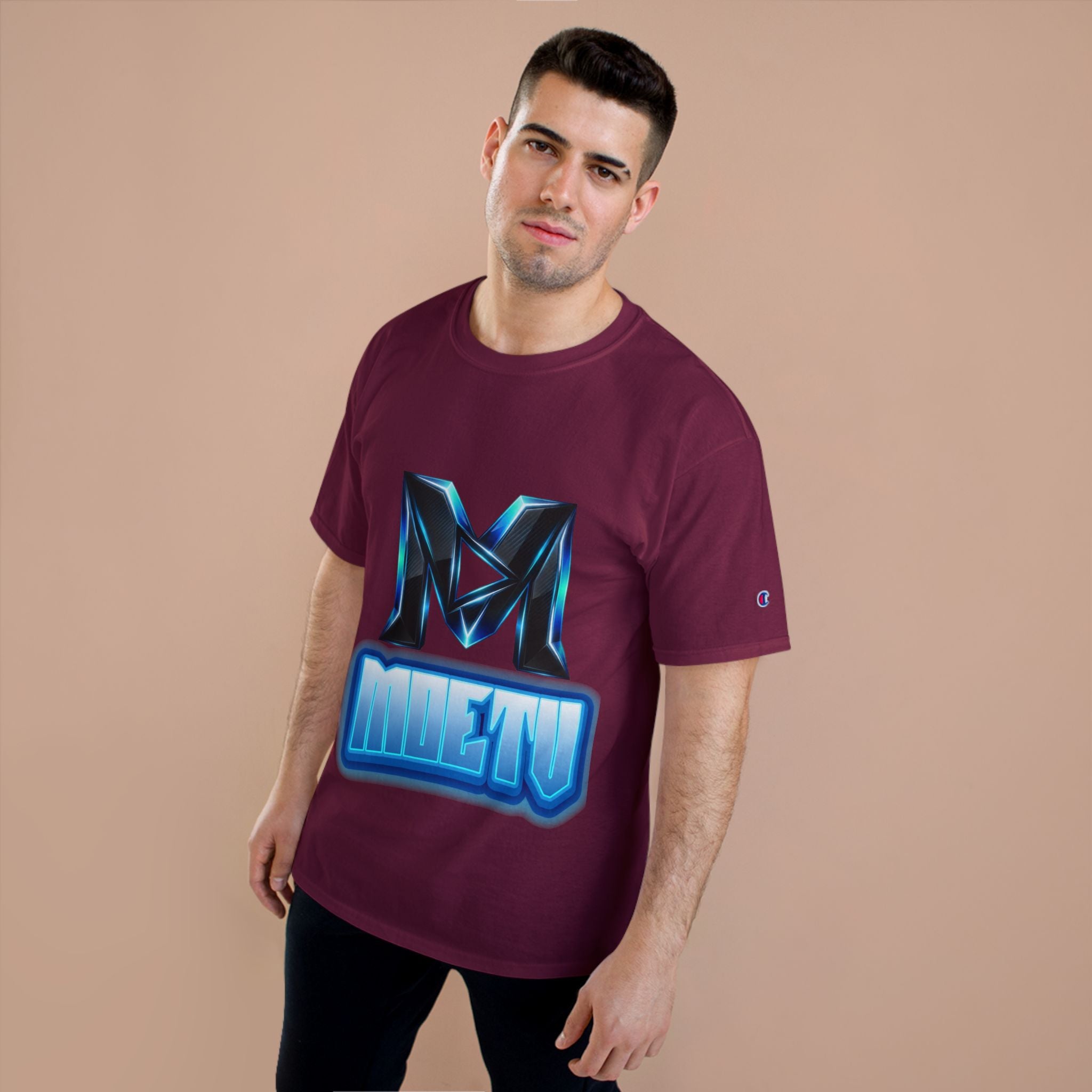 Champion T-Shirt — Blue Metallic 'M' Logo Streetwear Tee