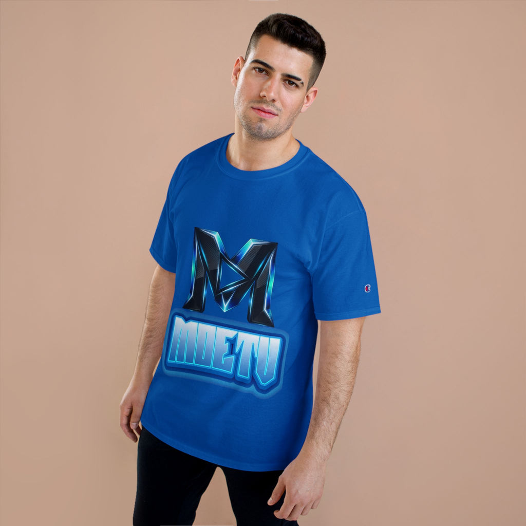 Champion T-Shirt — Blue Metallic 'M' Logo Streetwear Tee