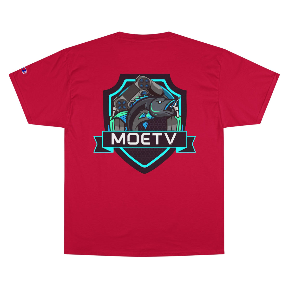 MOETV Champion T-Shirt — Gaming Logo Tee with Dolphin Crest