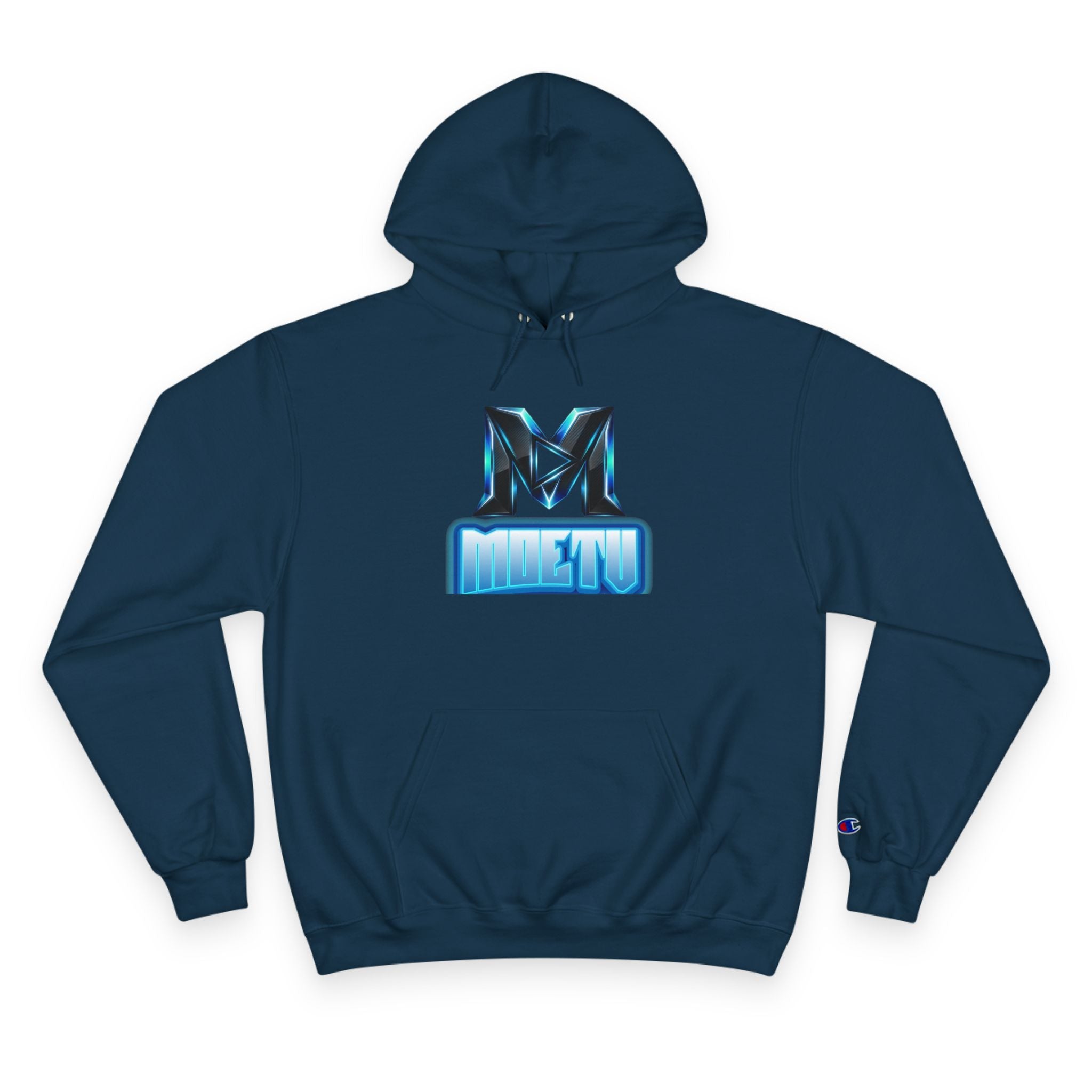 Champion Hoodie with Blue Metallic "M" Logo — Casual Streetwear Pullover