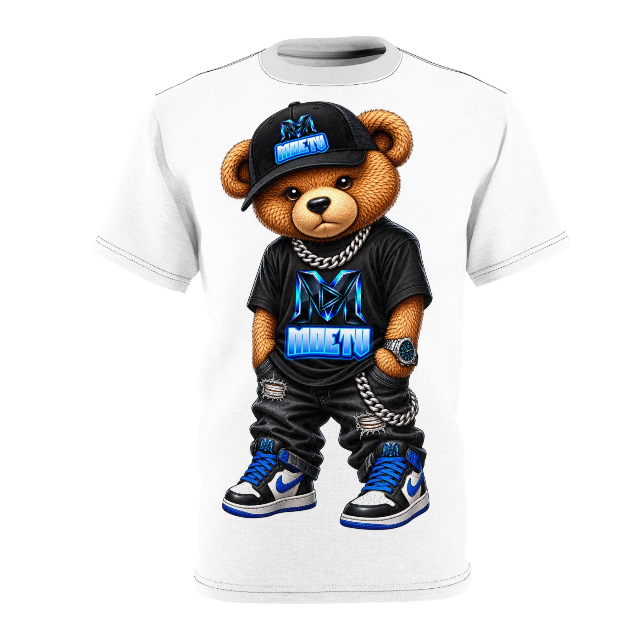 Streetwear Teddy Bear Tee — Blue Hip-Hop Bear Graphic T-Shirt