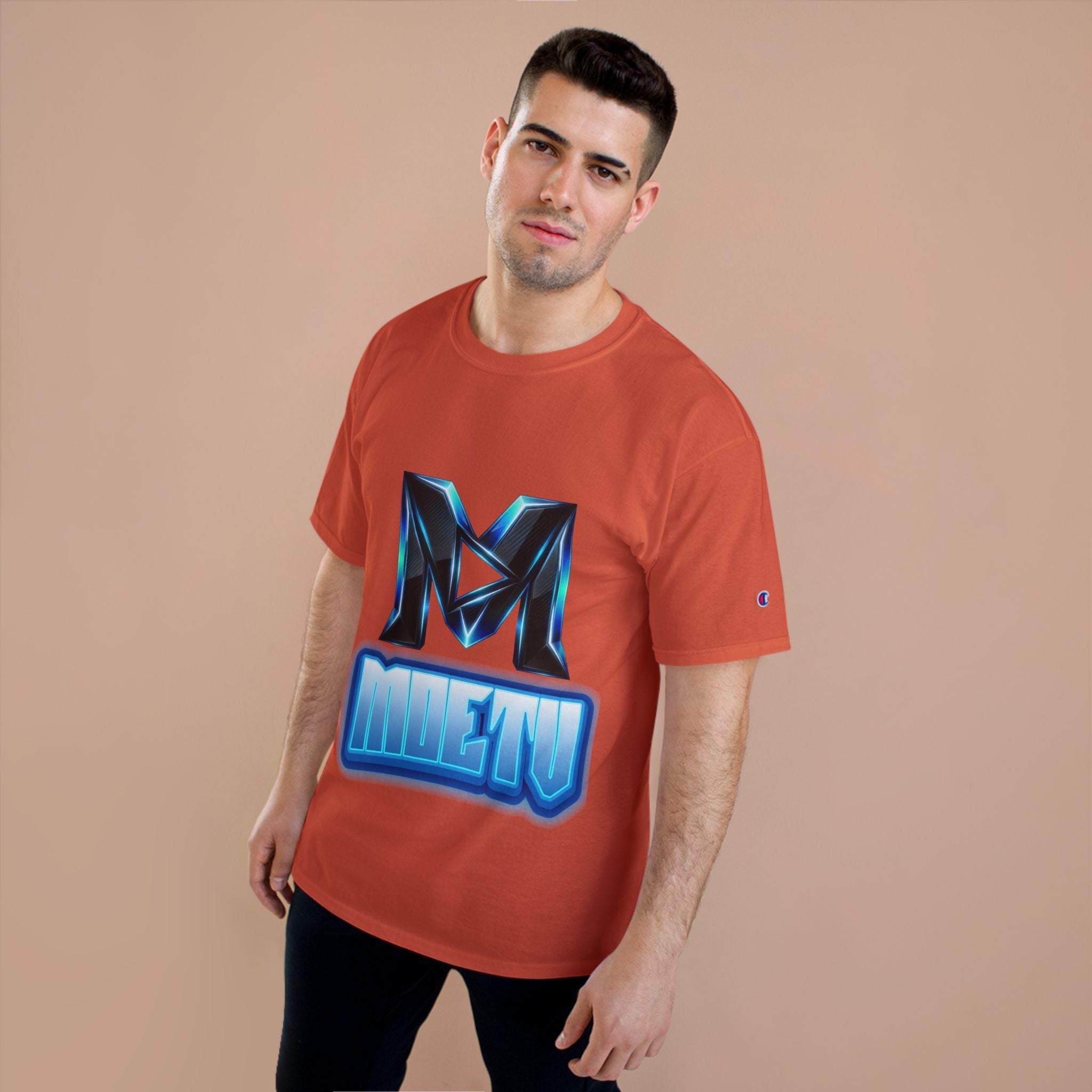 Champion T-Shirt — Blue Metallic 'M' Logo Streetwear Tee