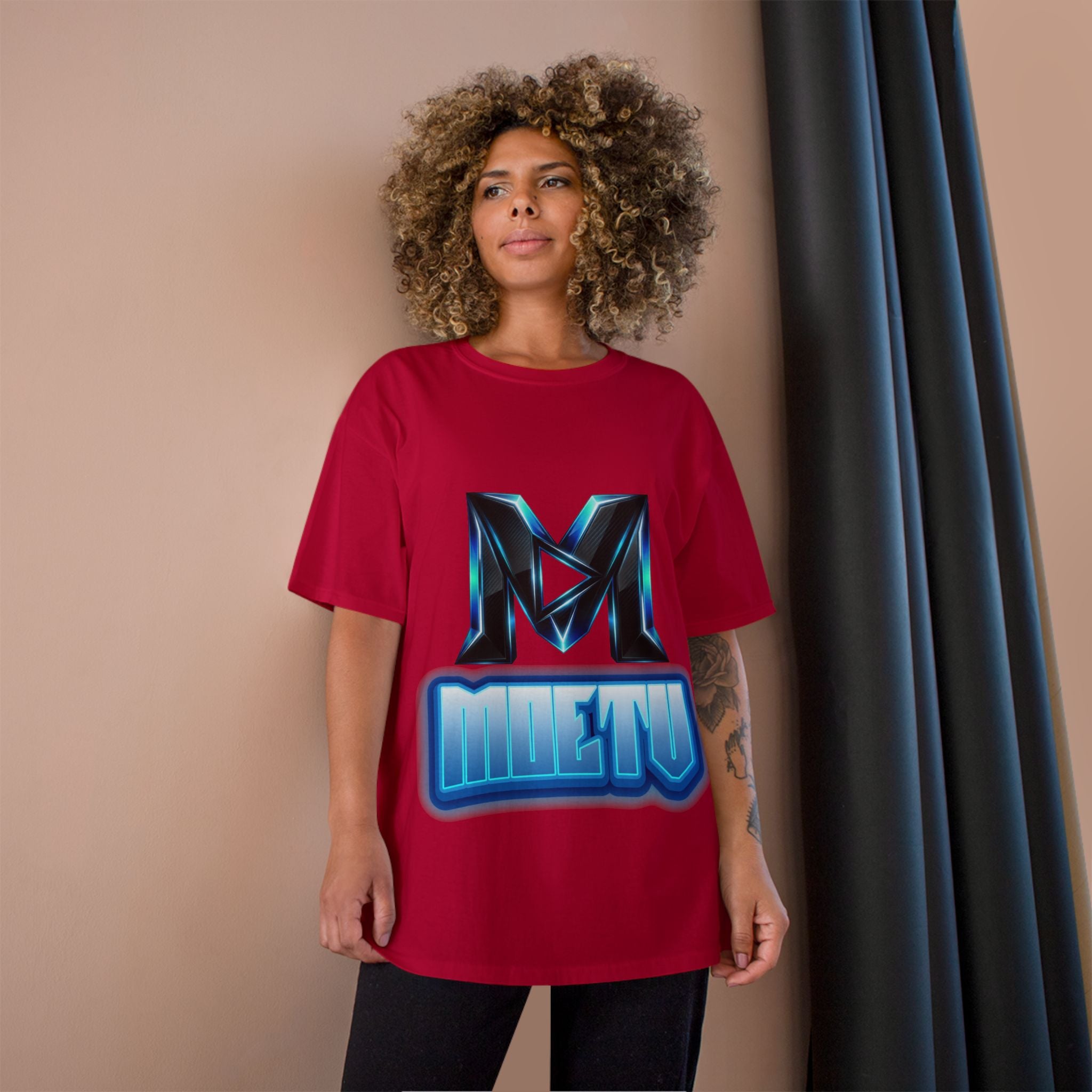 Champion T-Shirt — Blue Metallic 'M' Logo Streetwear Tee