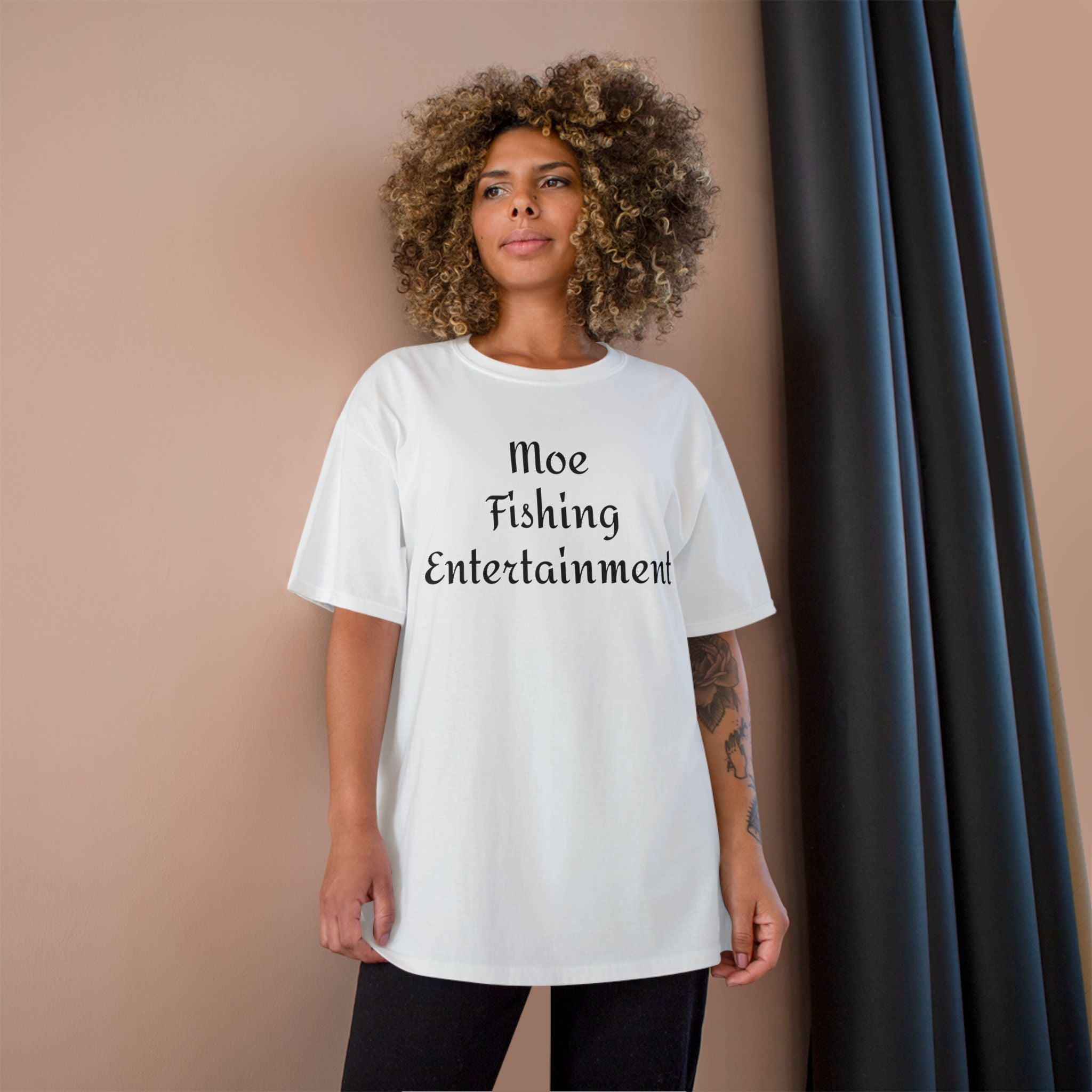 Champion T-Shirt — "Moe Fishing Entertainment" Script Logo Tee