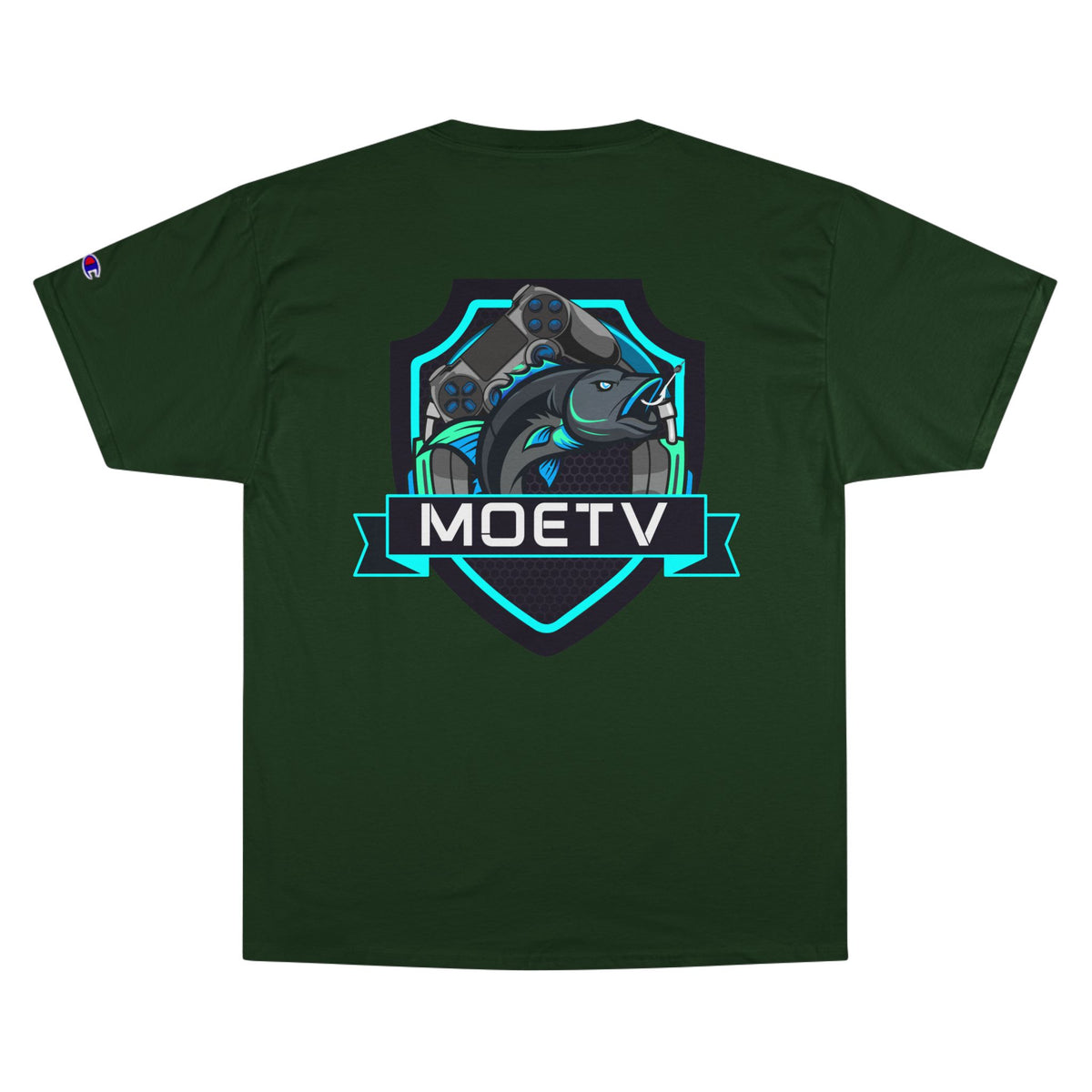 MOETV Champion T-Shirt — Gaming Logo Tee with Dolphin Crest