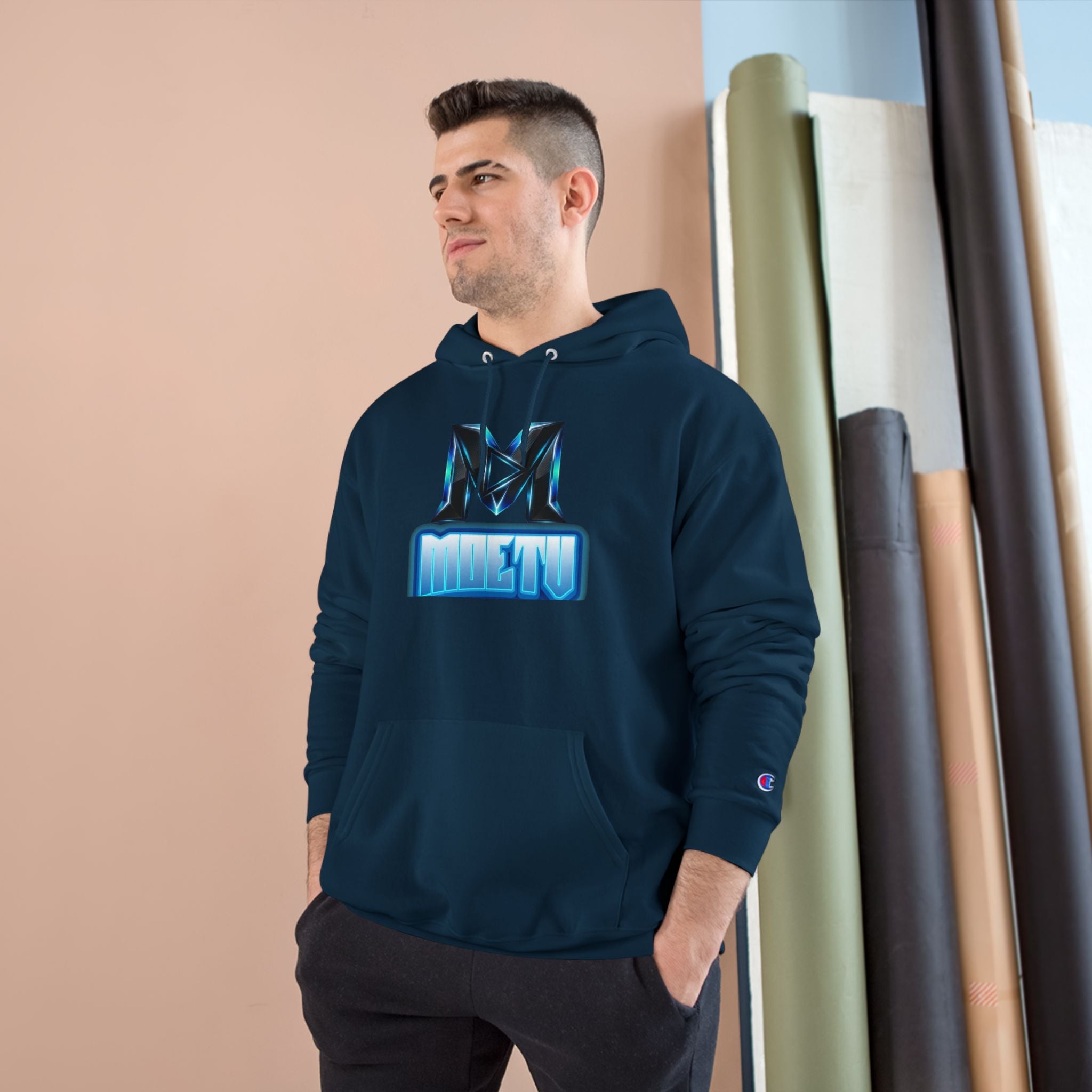 Champion Hoodie with Blue Metallic "M" Logo — Casual Streetwear Pullover