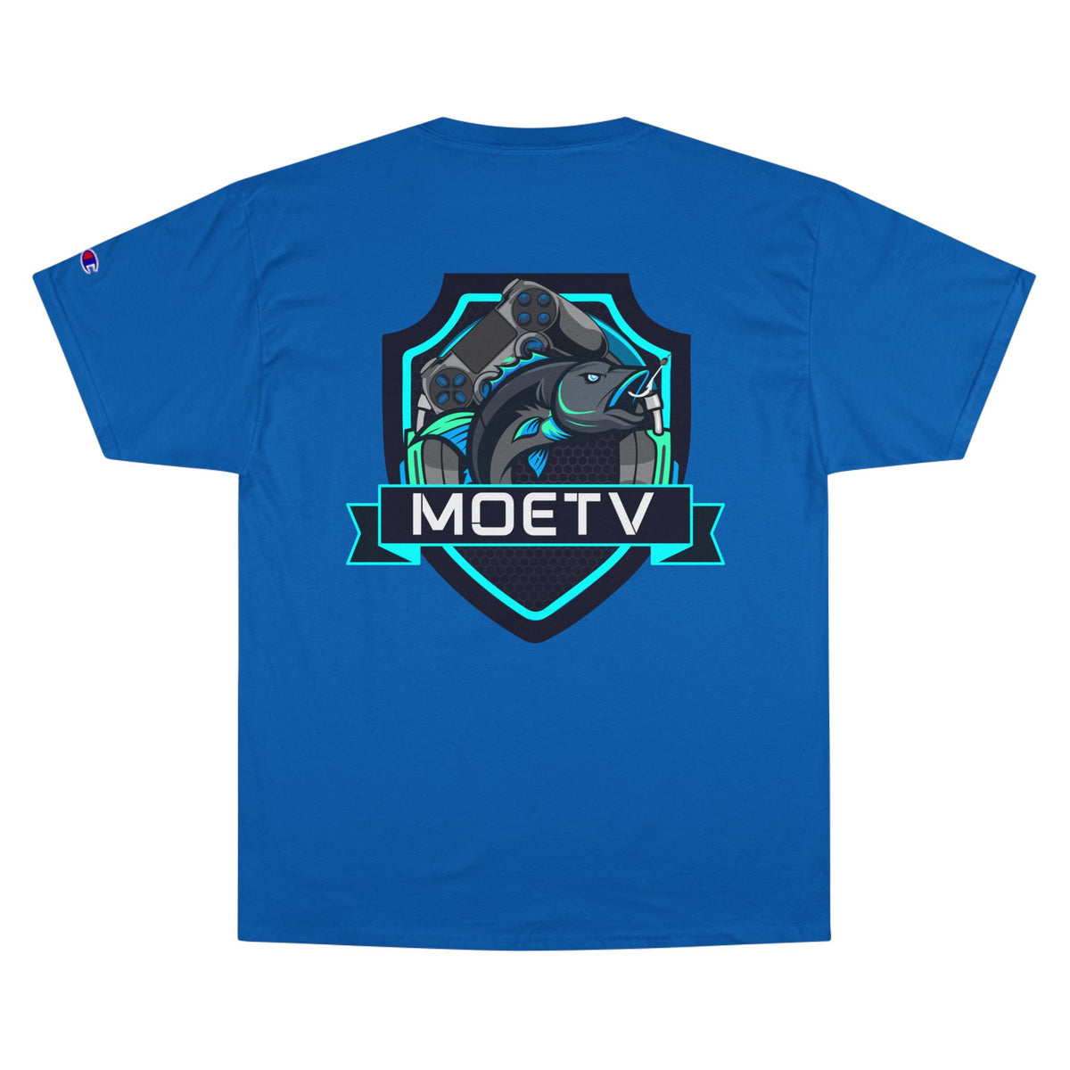 MOETV Champion T-Shirt — Gaming Logo Tee with Dolphin Crest