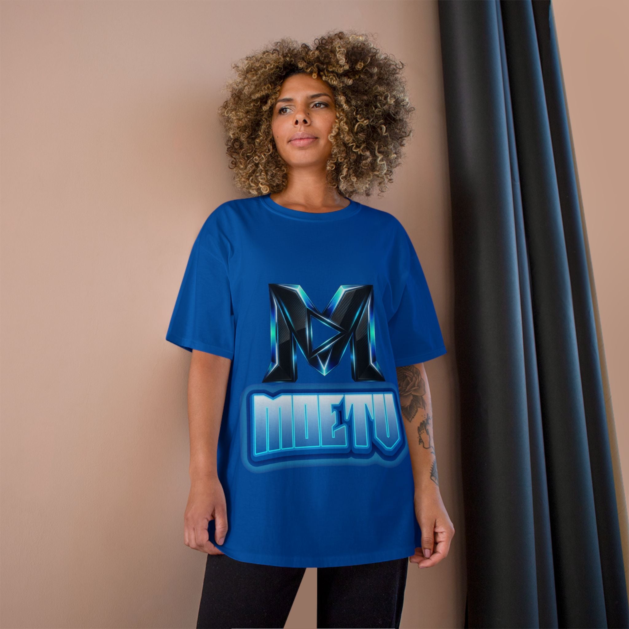 Champion T-Shirt — Blue Metallic 'M' Logo Streetwear Tee