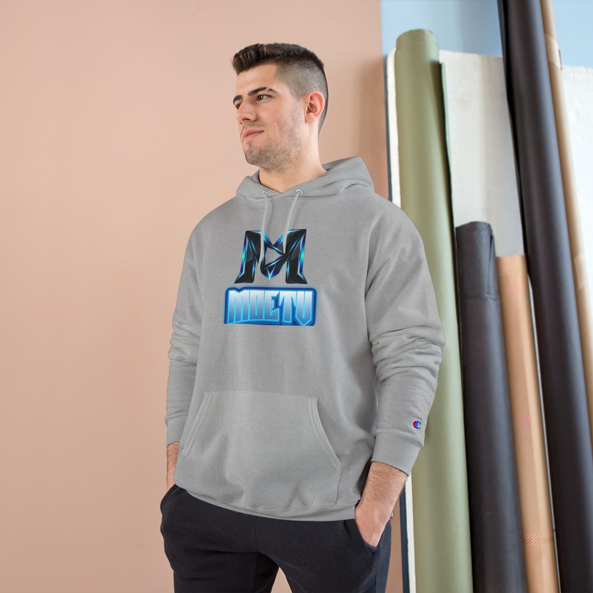 Champion Hoodie with Blue Metallic "M" Logo — Casual Streetwear Pullover