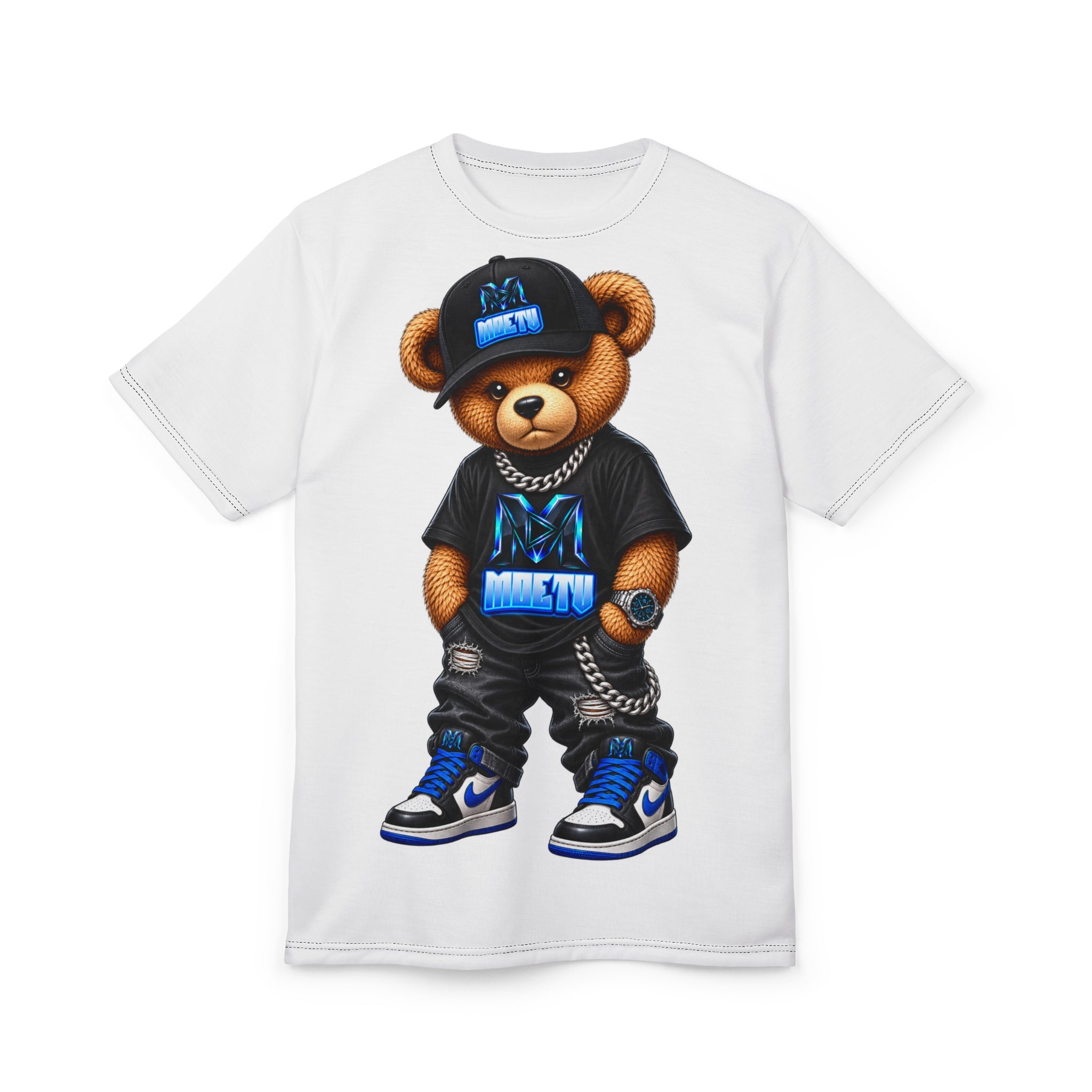 Streetwear Teddy Bear Tee — Blue Hip-Hop Bear Graphic T-Shirt