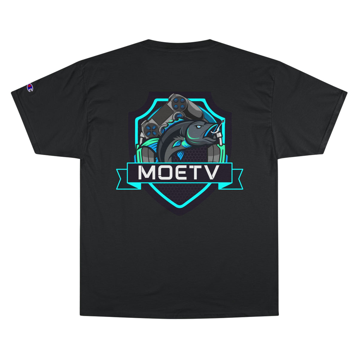 MOETV Champion T-Shirt — Gaming Logo Tee with Dolphin Crest