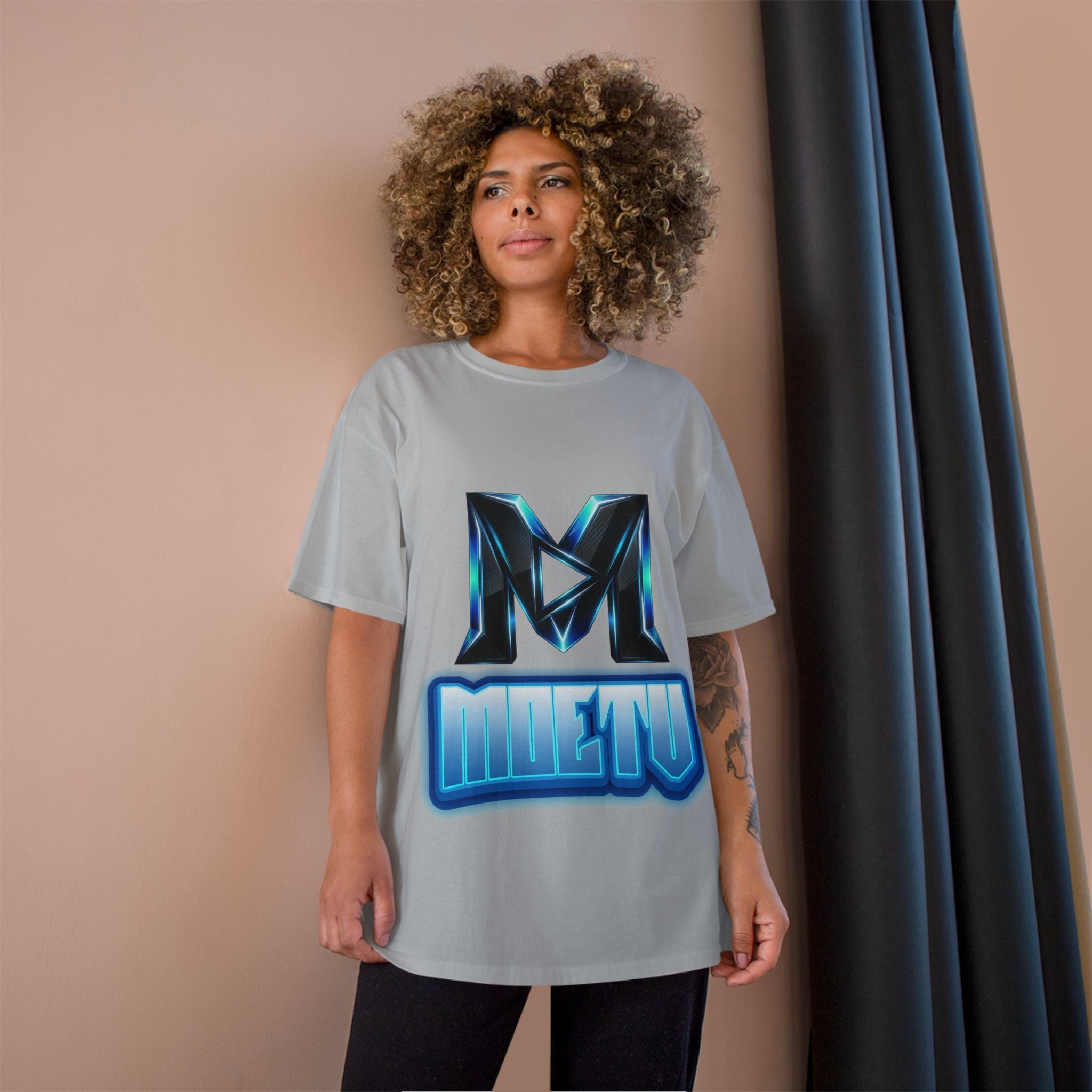 Champion T-Shirt — Blue Metallic 'M' Logo Streetwear Tee