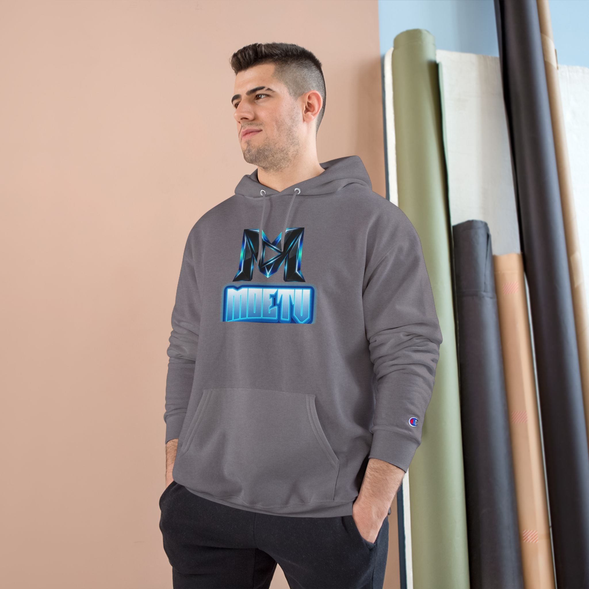 Champion Hoodie with Blue Metallic "M" Logo — Casual Streetwear Pullover