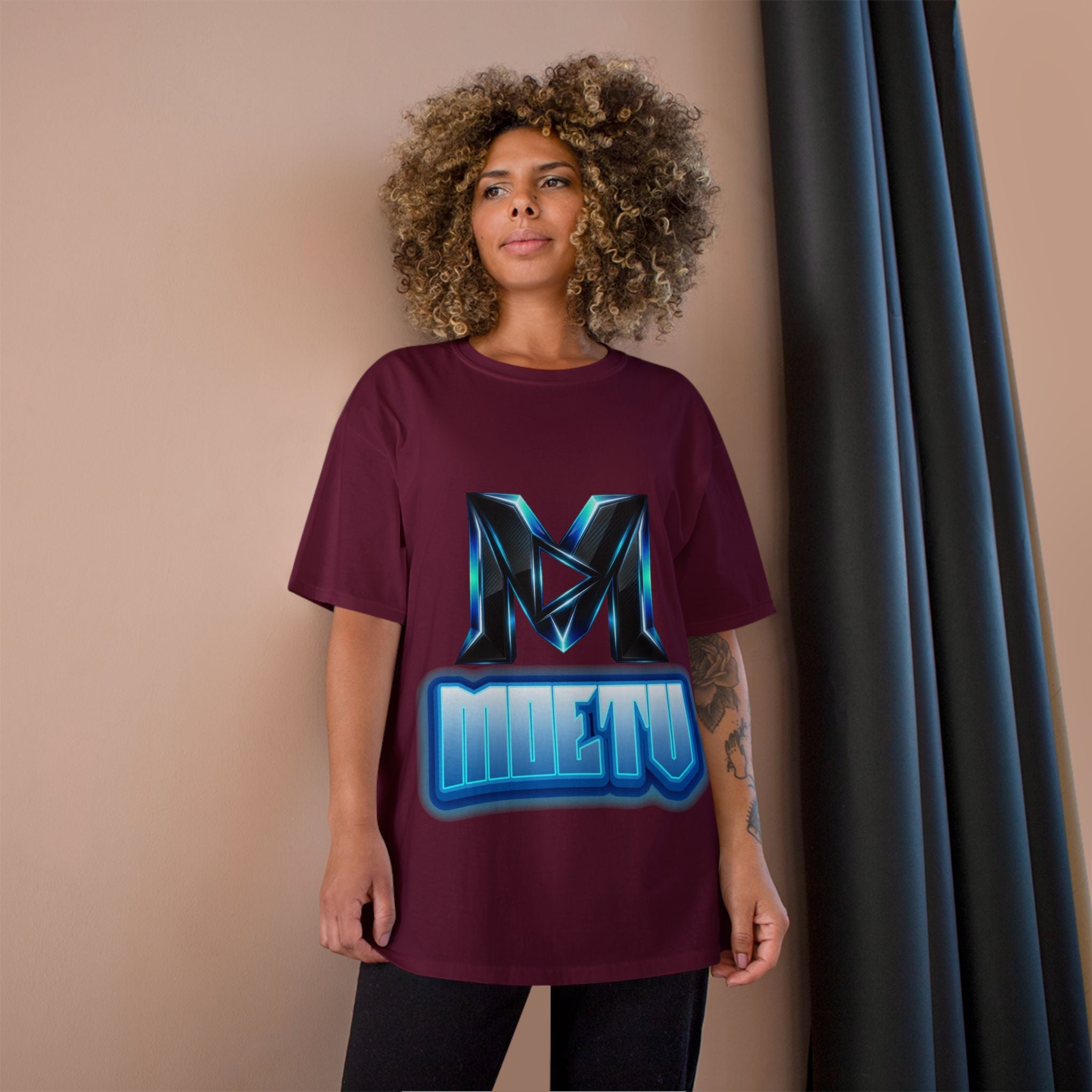 Champion T-Shirt — Blue Metallic 'M' Logo Streetwear Tee