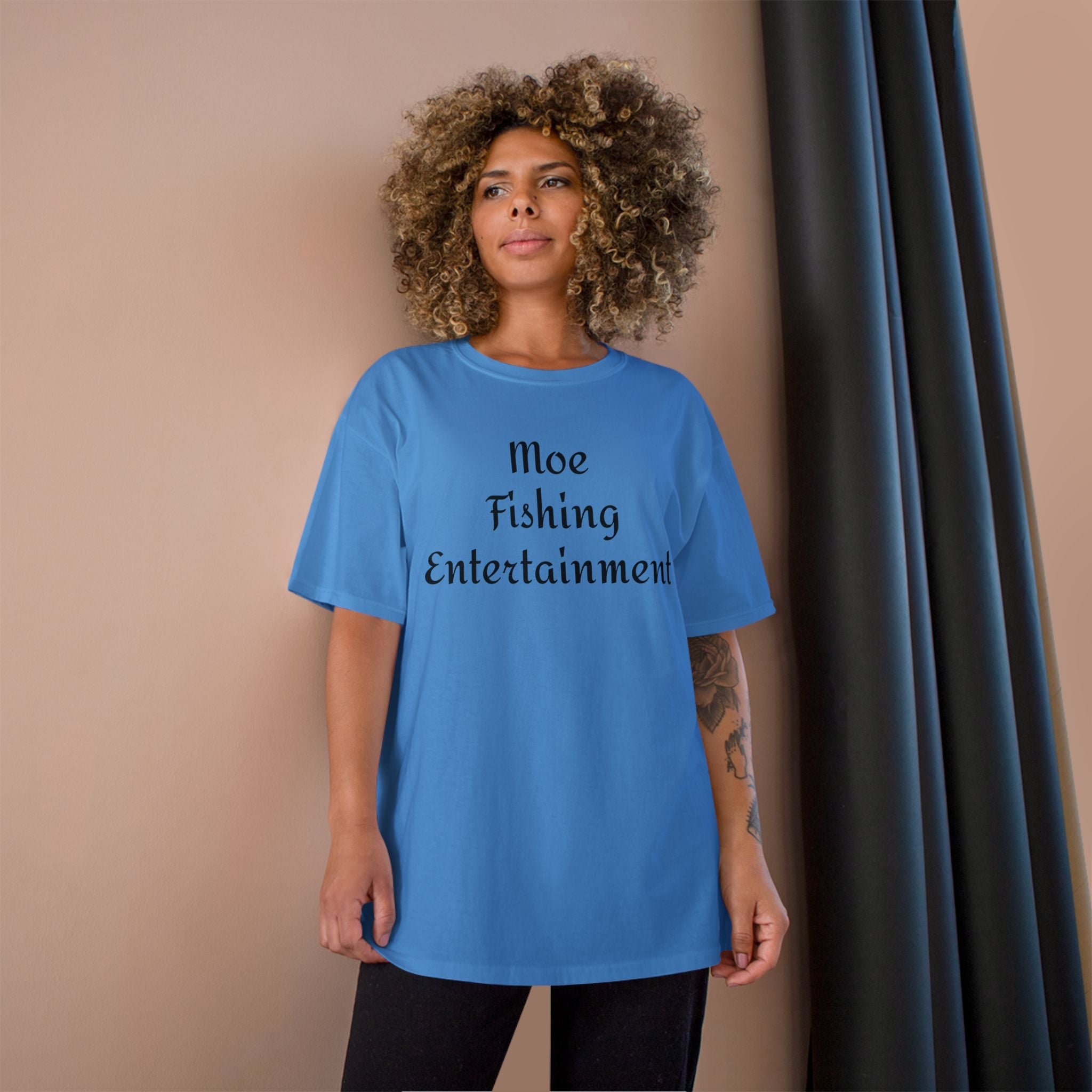 Champion T-Shirt — "Moe Fishing Entertainment" Script Logo Tee