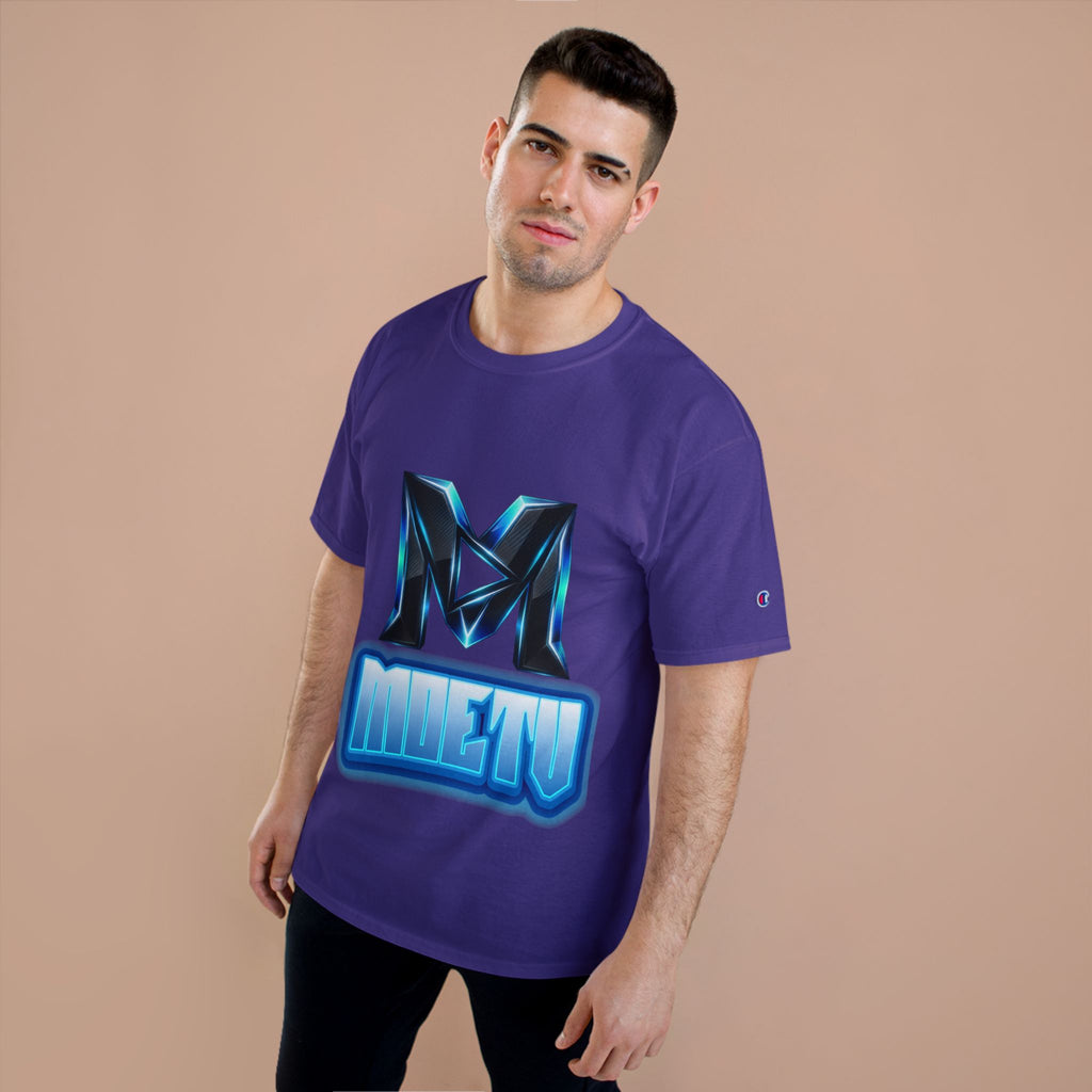 Champion T-Shirt — Blue Metallic 'M' Logo Streetwear Tee