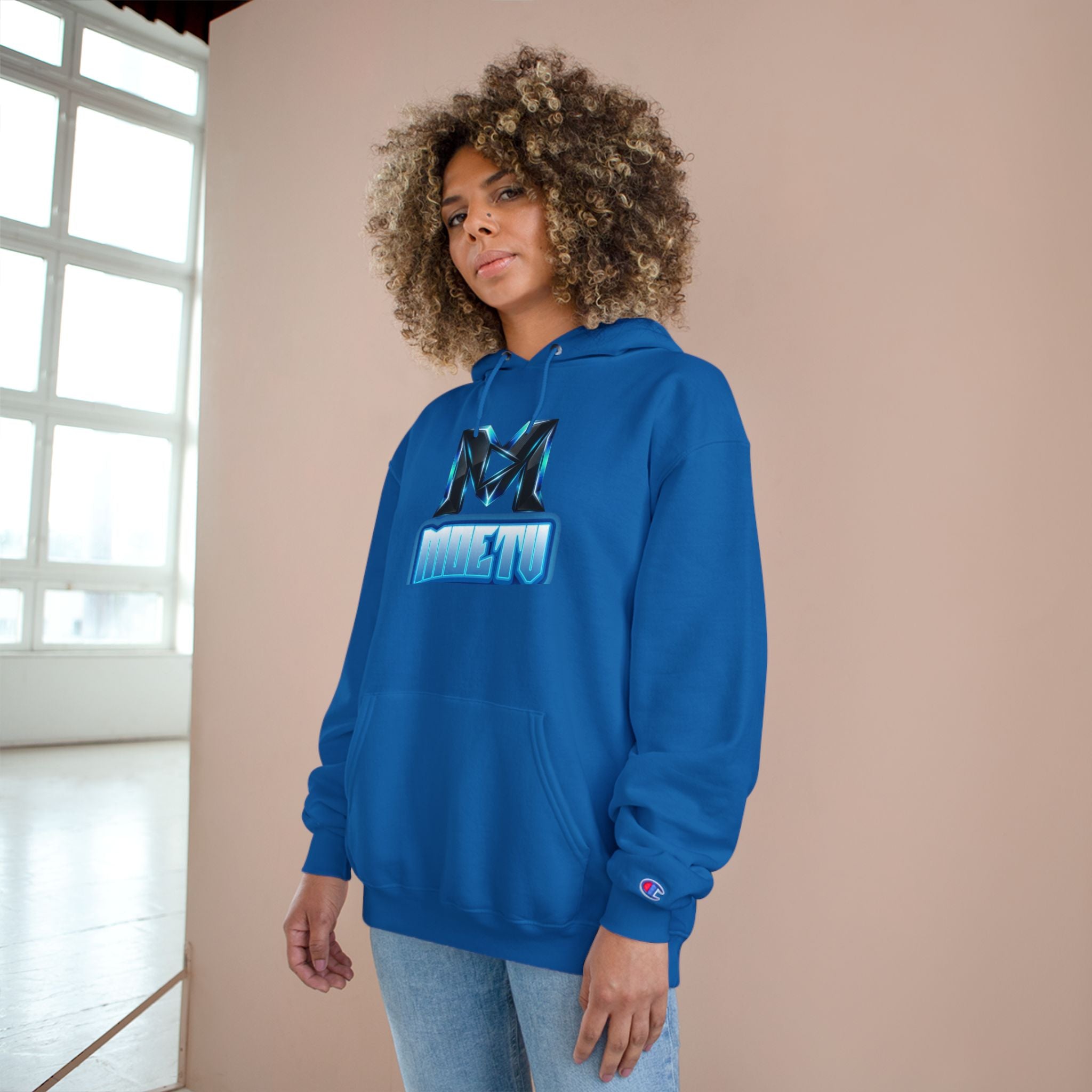 Champion Hoodie with Blue Metallic "M" Logo — Casual Streetwear Pullover