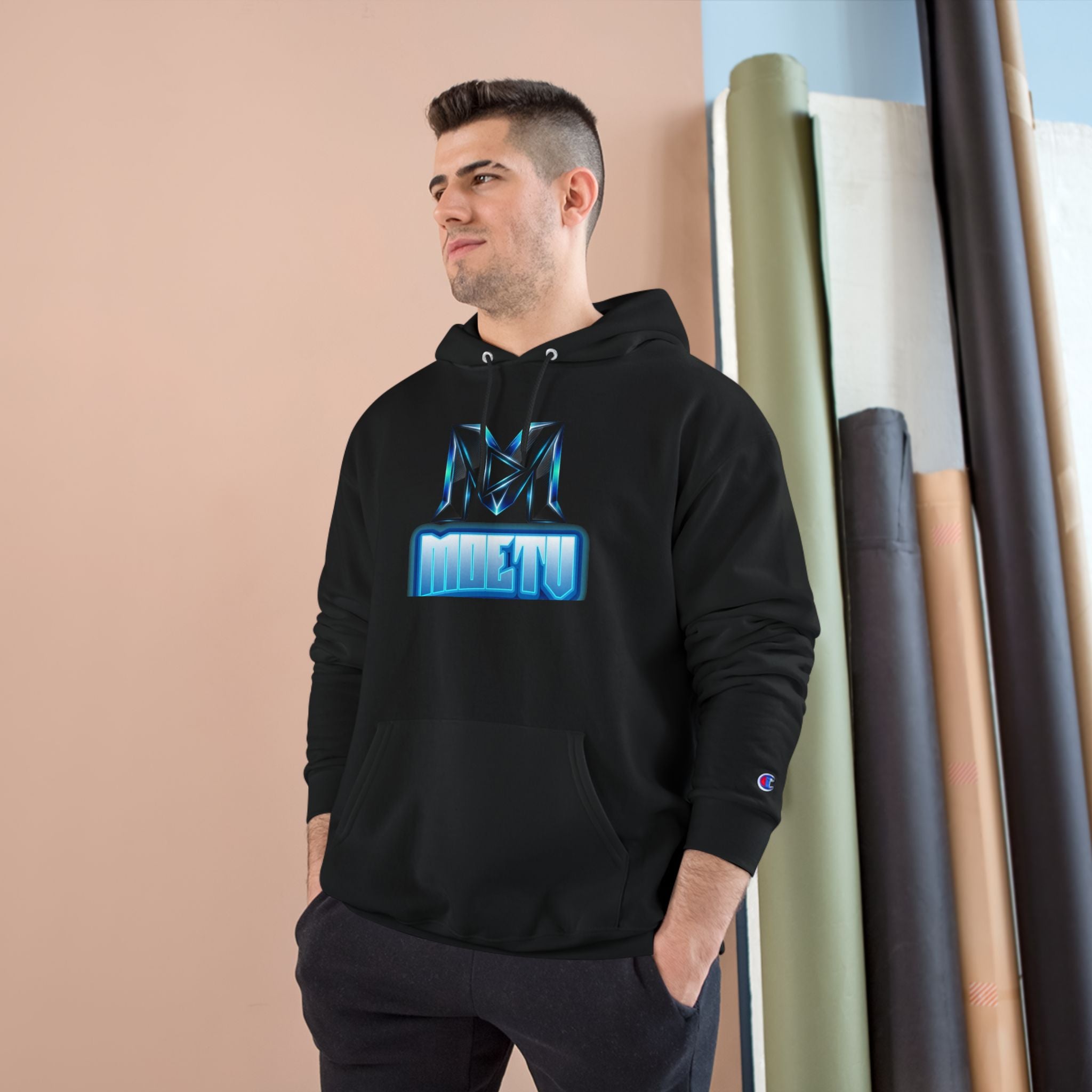 Champion Hoodie with Blue Metallic "M" Logo — Casual Streetwear Pullover